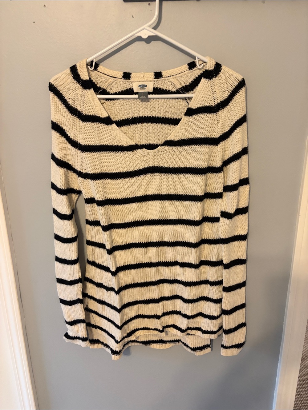Old Navy Cream and Black Striped V-Neck Sweater